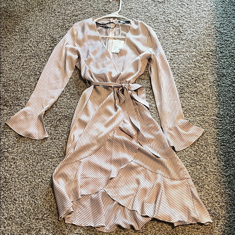 Missguided Nude Pink & Maroon Striped Long Sleeve Dress